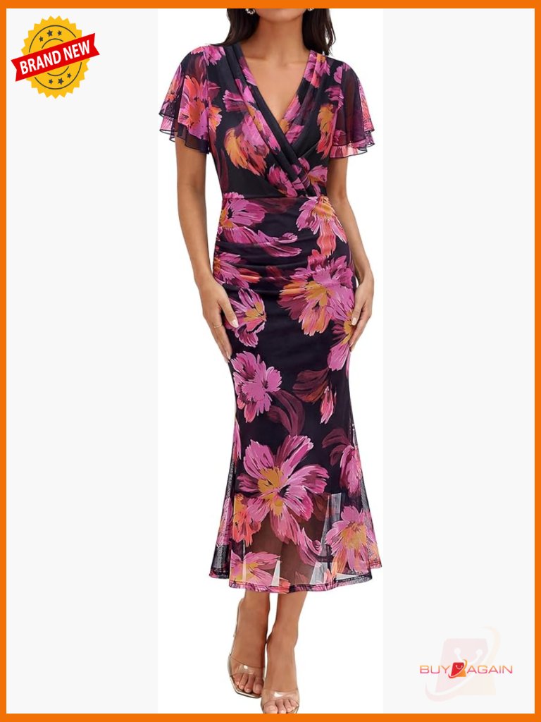 Women's Floral Bodycon Maxi Dress Ruched Sleeve Cocktail Party